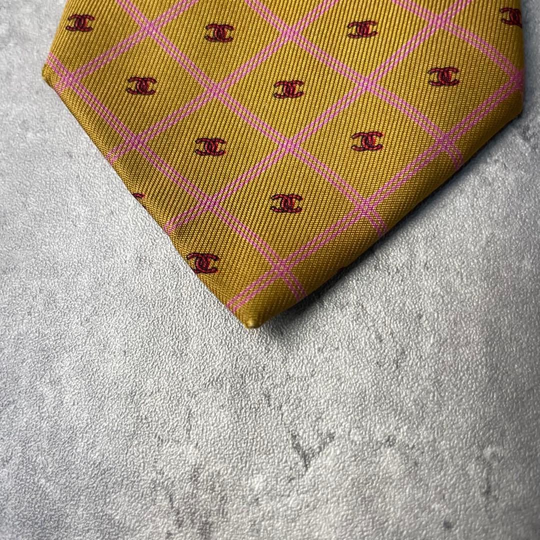 美品 CHANEL シャネル ココマーク 格子柄 ネクタイ ゴールド ブラウン