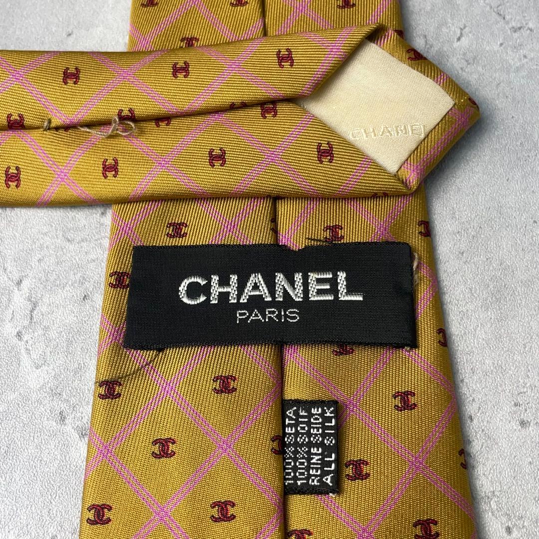 美品 CHANEL シャネル ココマーク 格子柄 ネクタイ ゴールド ブラウン