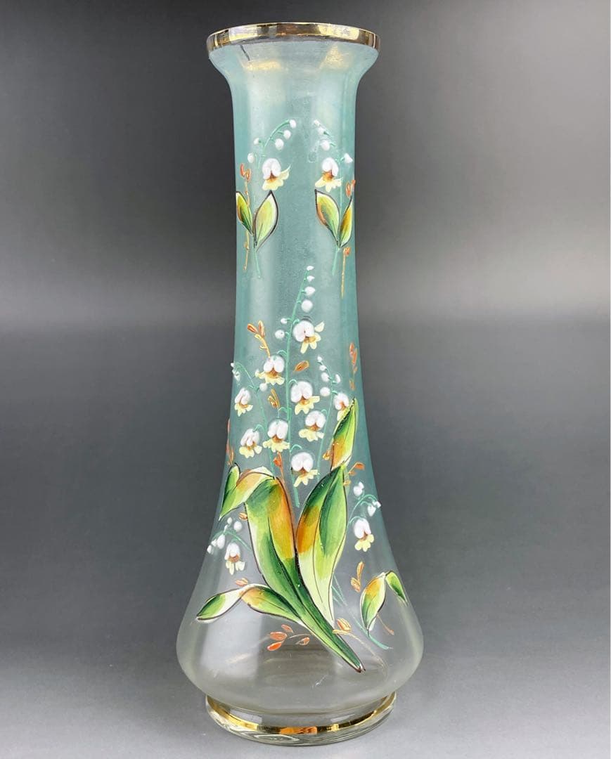 【希少】ボヘミアグラス ２２．５㎝ エナメル盛 スズラン紋 花瓶 一輪挿し