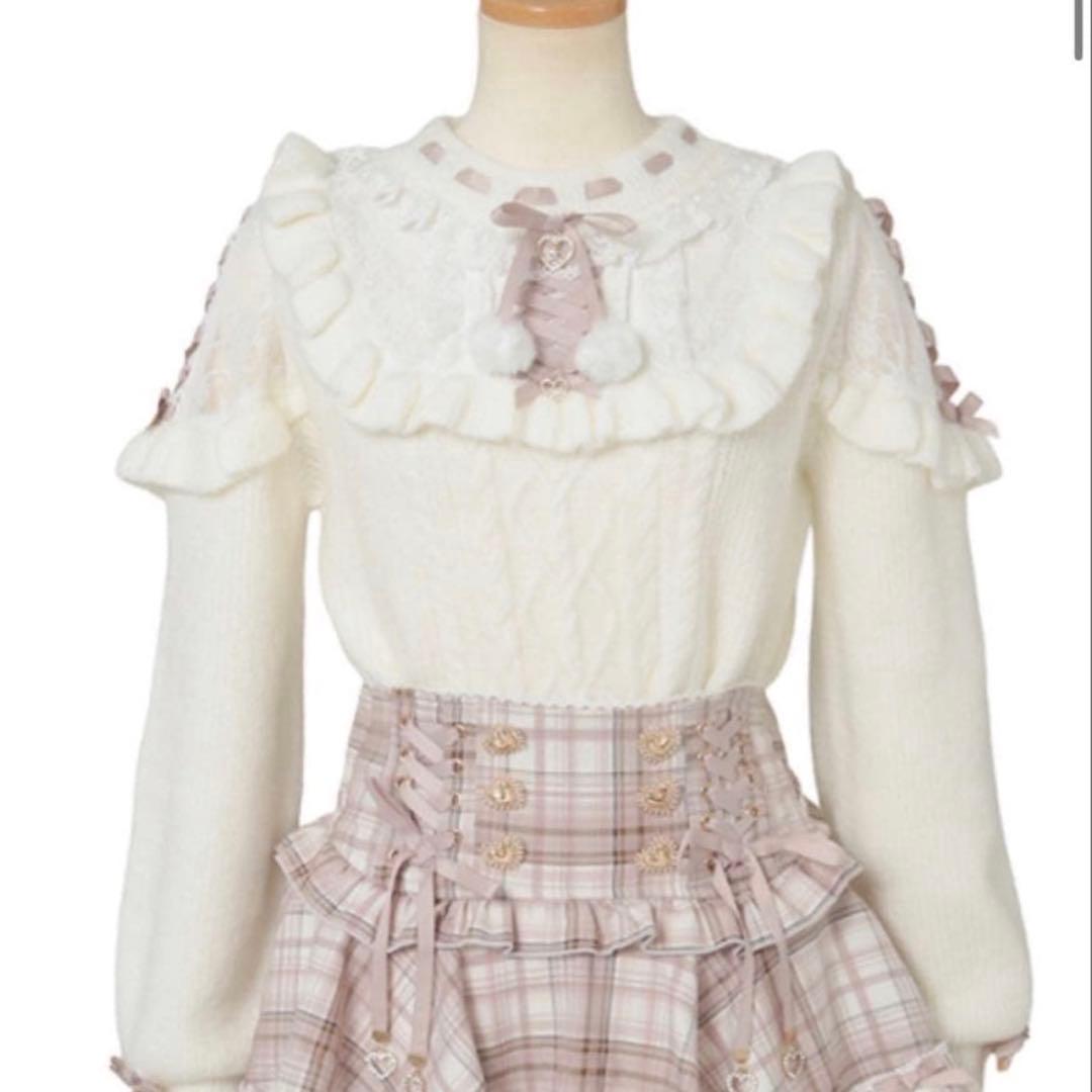 リズリサ LIZLISA ポンポンリボンレースヨークニットトップス ホワイト