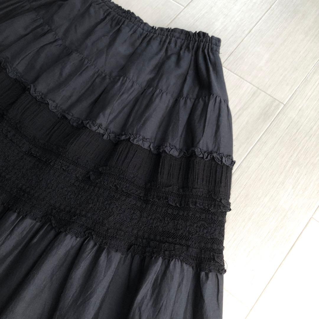 2022年 ピンクハウス レース ピコフリル 黒 ミディ丈 スカート