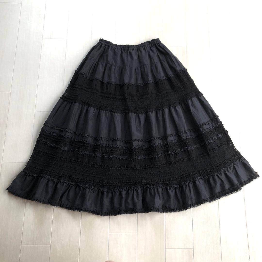 2022年 ピンクハウス レース ピコフリル 黒 ミディ丈 スカート