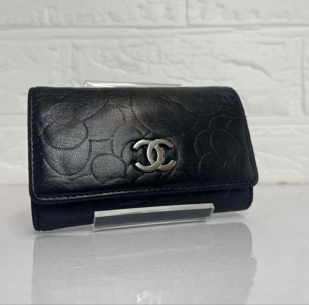 CHANEL シャネル 財布 カメリア キーケース ブラック 6連 ラムスキン