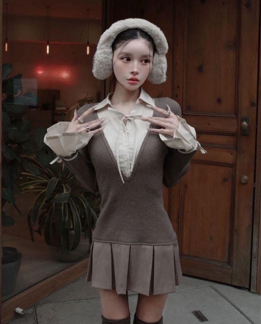 Daich ダーリッチ　シャツドッキングプリーツミニワンピース