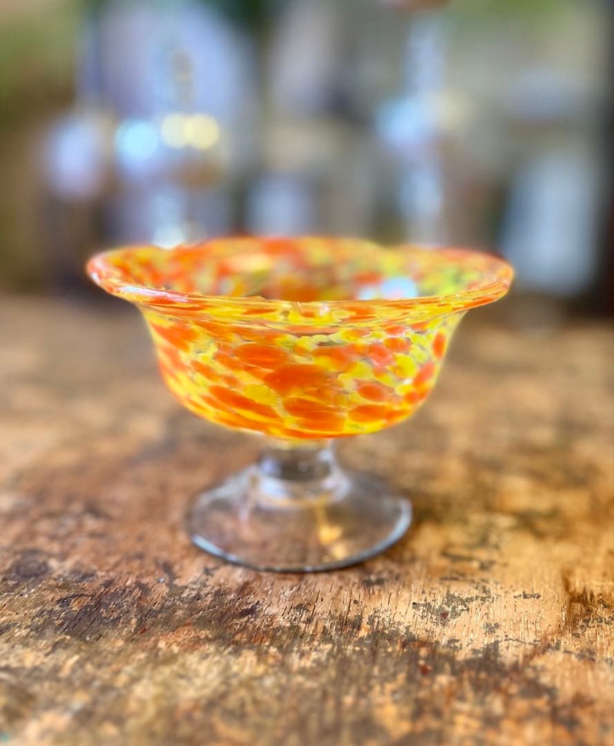 大正ロマン　吹雪紋氷コップオレンジ　ウランガラス　和ガラス　アンティーク　古道具