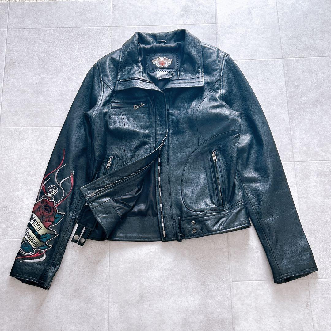 【極美品✨】ハーレーダビッドソン ライダースジャケット 革ジャン バラ刺繍 黒
