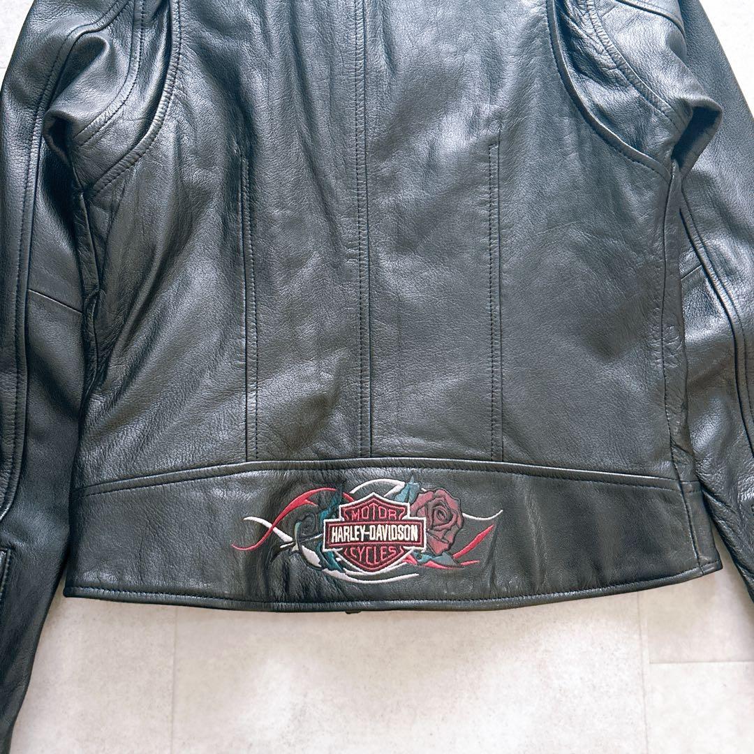 【極美品✨】ハーレーダビッドソン ライダースジャケット 革ジャン バラ刺繍 黒