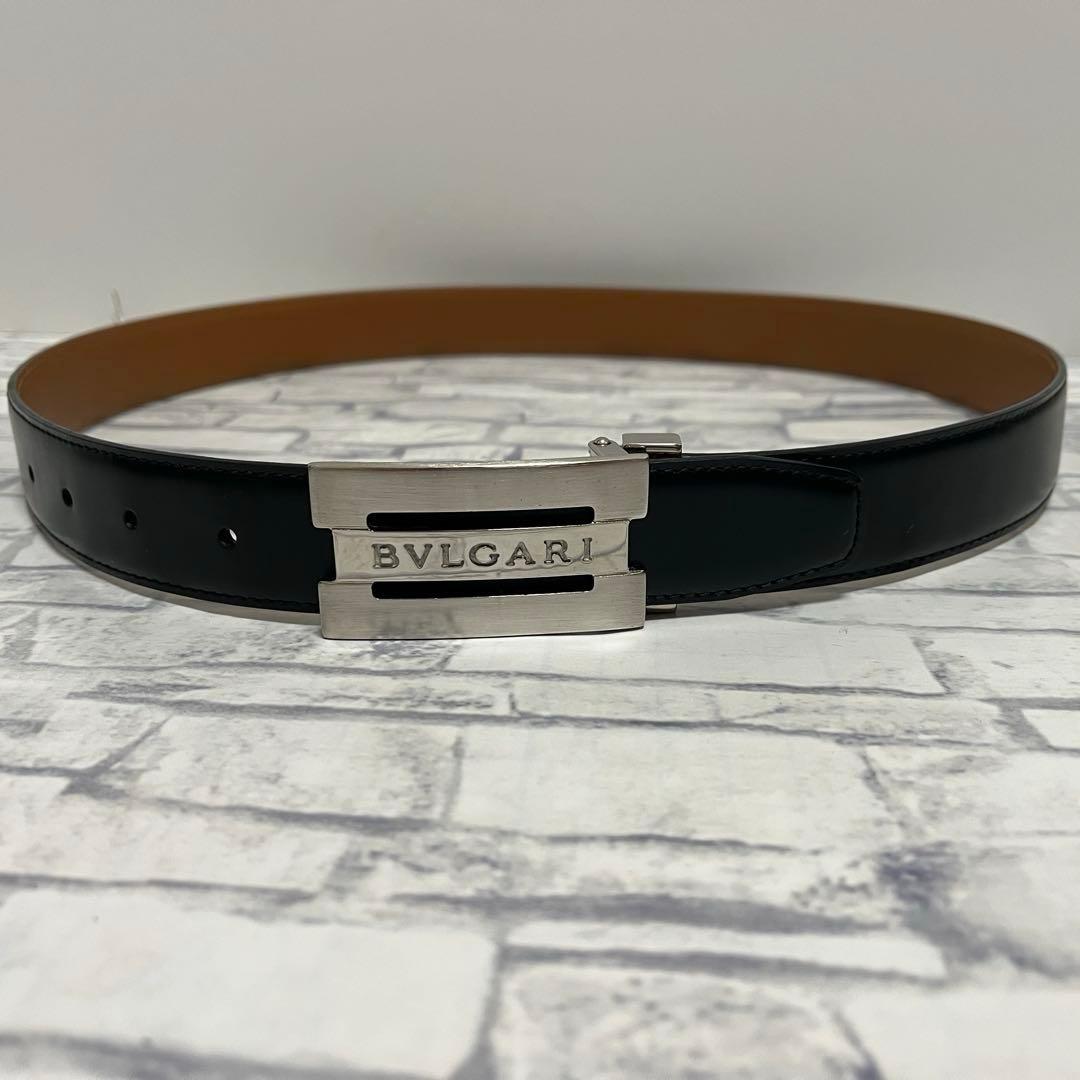 ブルガリ ベルト レザー 本革 黒 シルバー金具　スクエア　トリプルプレート