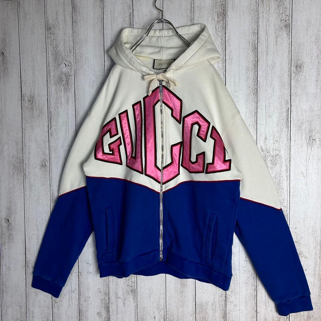 6037【人気デザイン】グッチ‪☆刺繍ロゴ入りバイカラージップパーカー