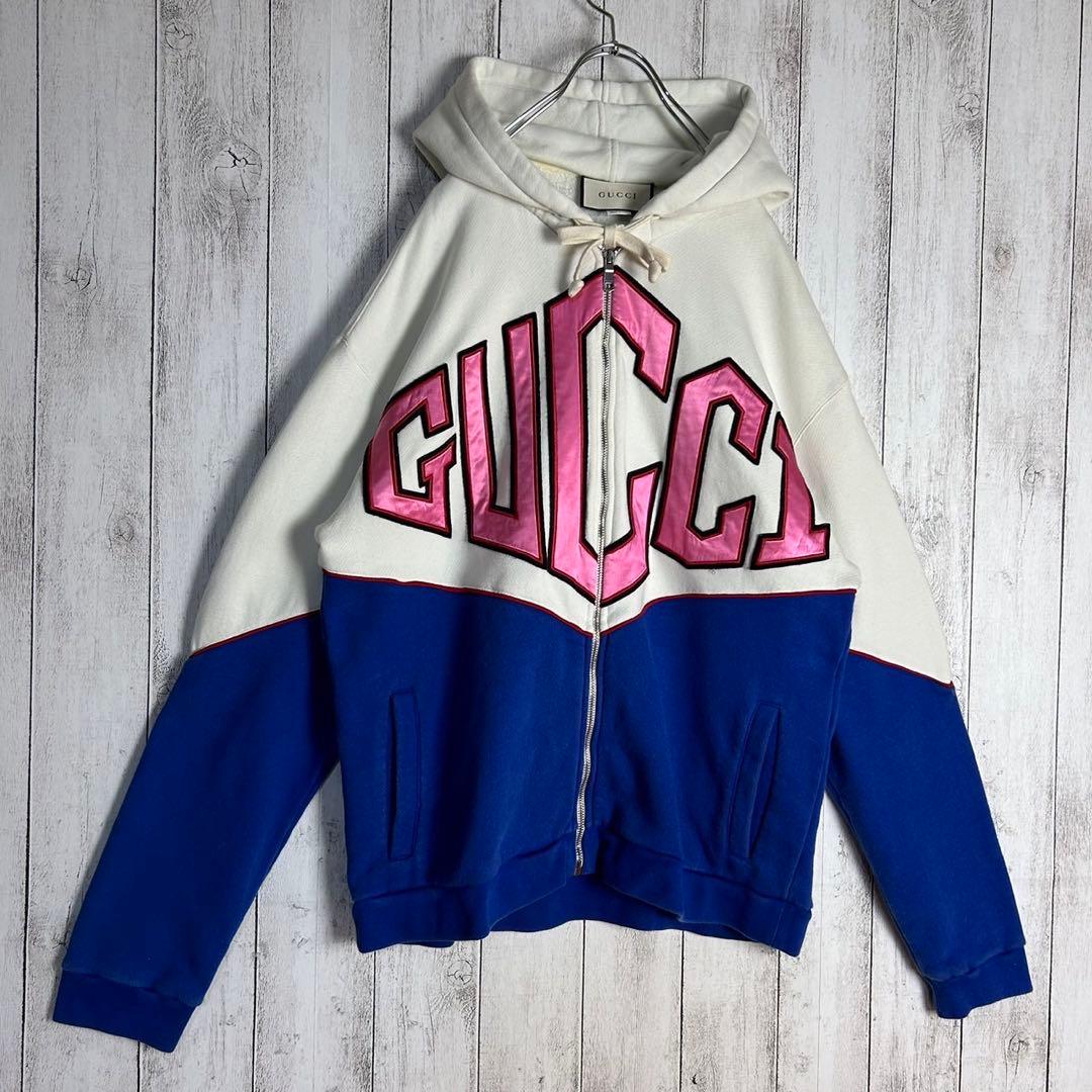 6037【人気デザイン】グッチ‪☆刺繍ロゴ入りバイカラージップパーカー
