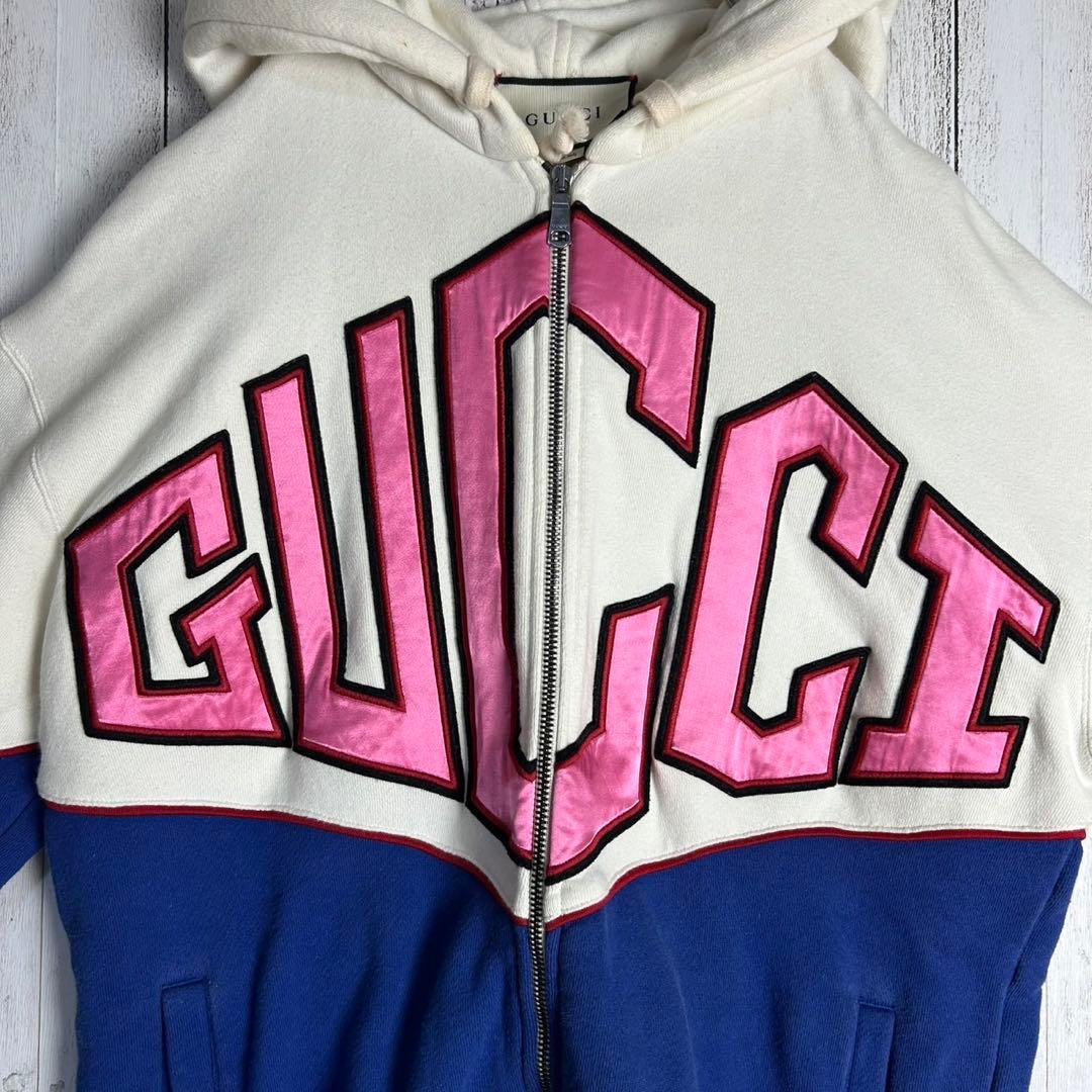 6037【人気デザイン】グッチ‪☆刺繍ロゴ入りバイカラージップパーカー