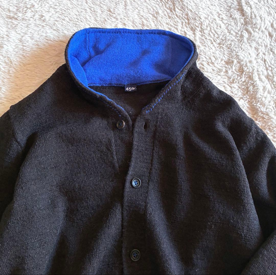 45R カシミヤ&ウールスタンドカラー カーディガン 藍ブルー エルボーパッチ