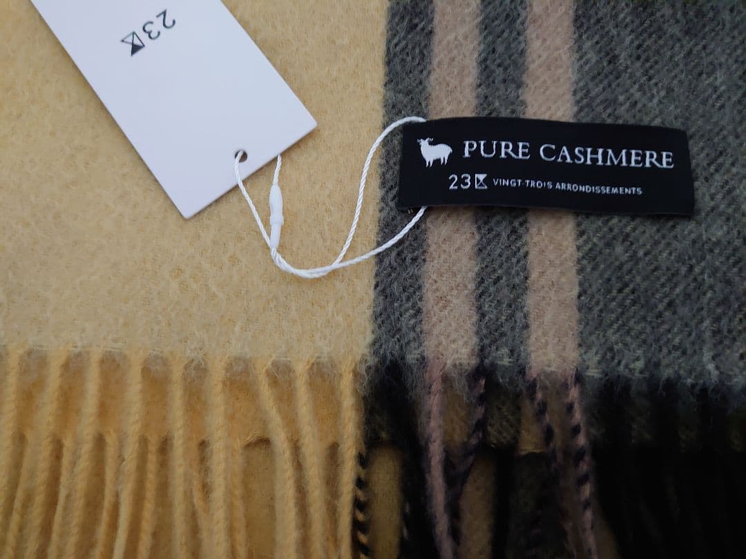 23区カシミヤ100%チェック柄マフラー イエロー2025AW