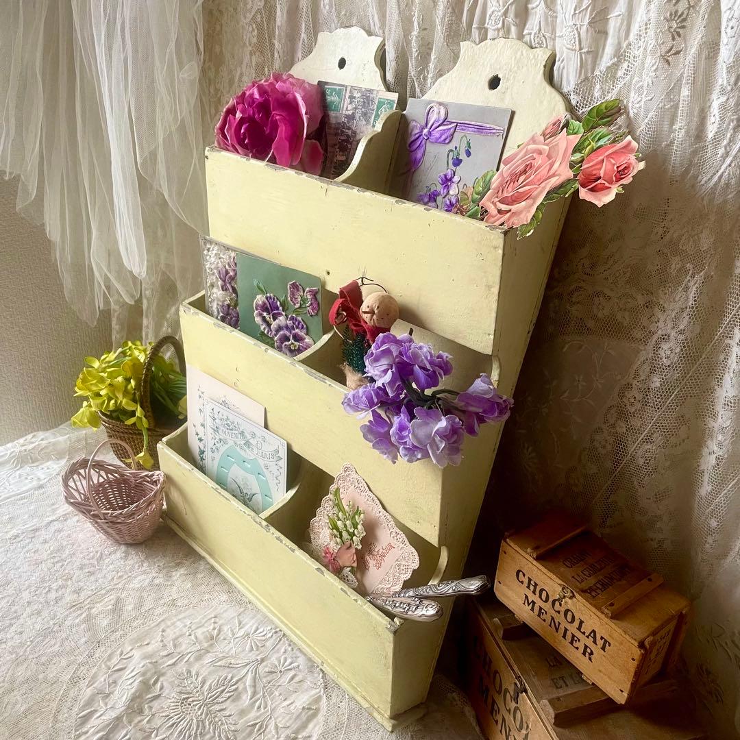 木製レターラック　ポストカードホルダー　オリジナルペイント　フランスアンティーク