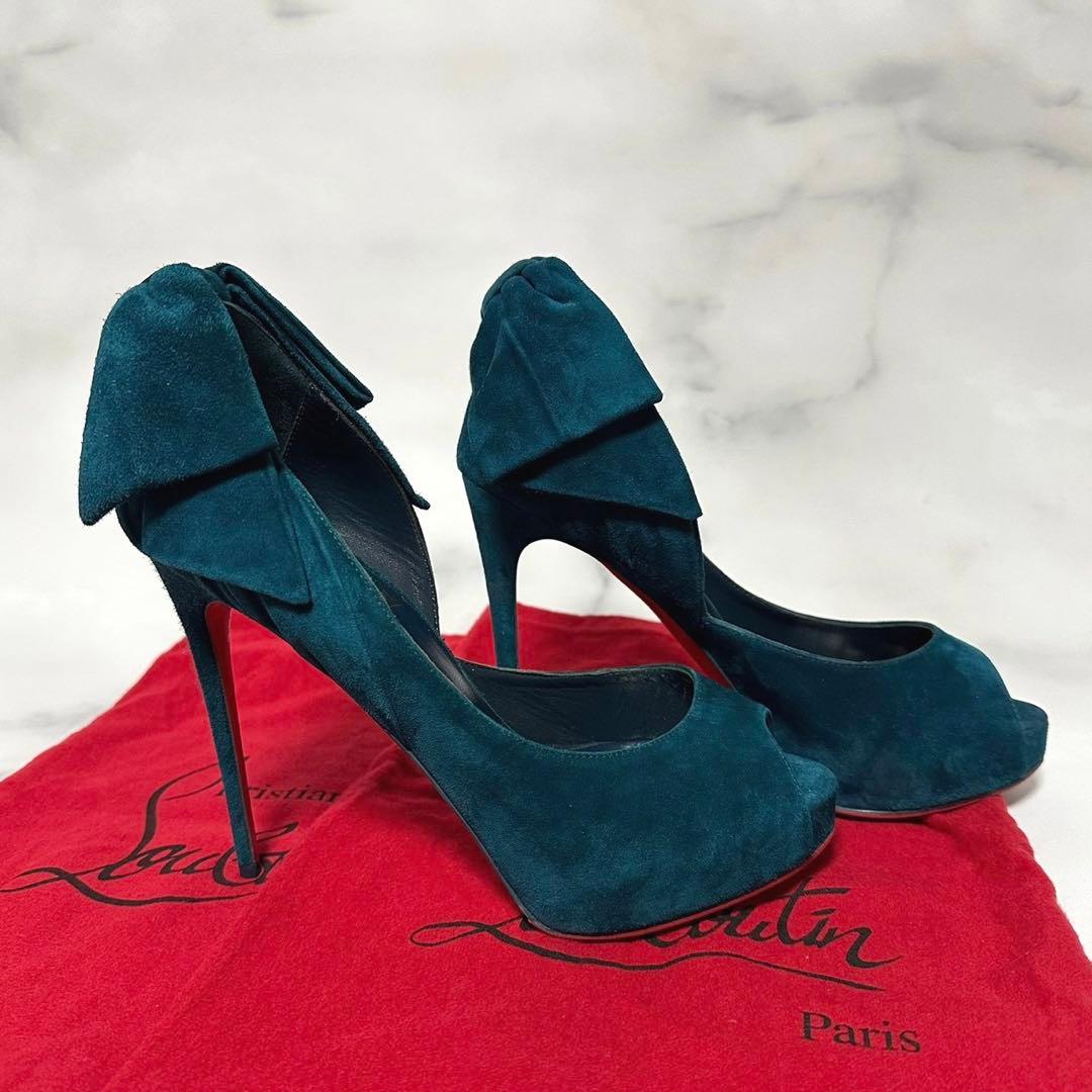 Christian Louboutin スエード リボン オープントゥ パンプス