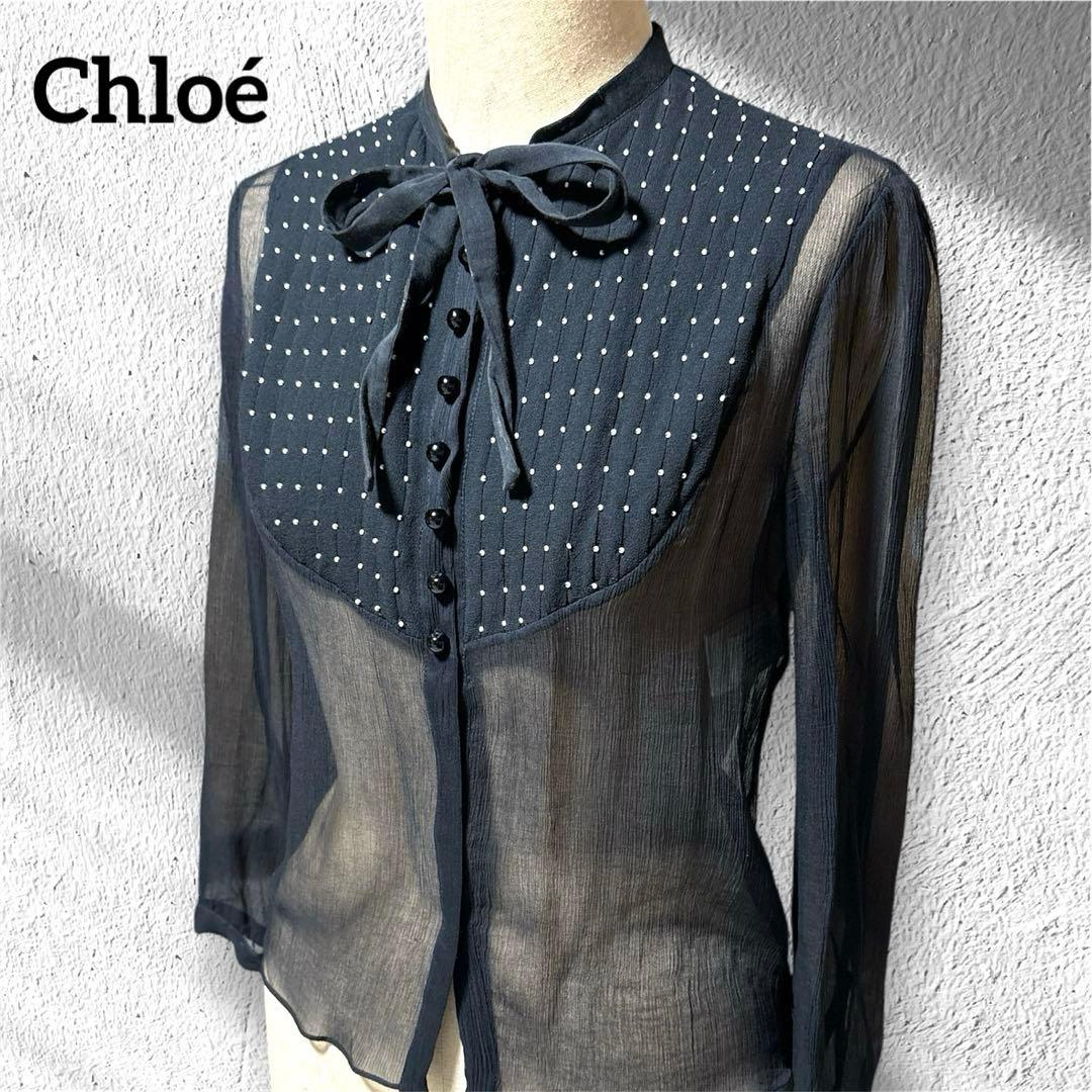 Chloe シルク100% シアー ブラウス　ビーズドット リボン　ボウタイ　黒
