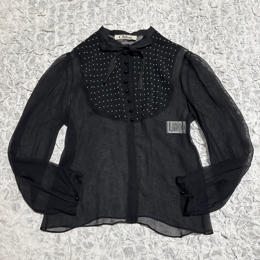 Chloe シルク100% シアー ブラウス　ビーズドット リボン　ボウタイ　黒