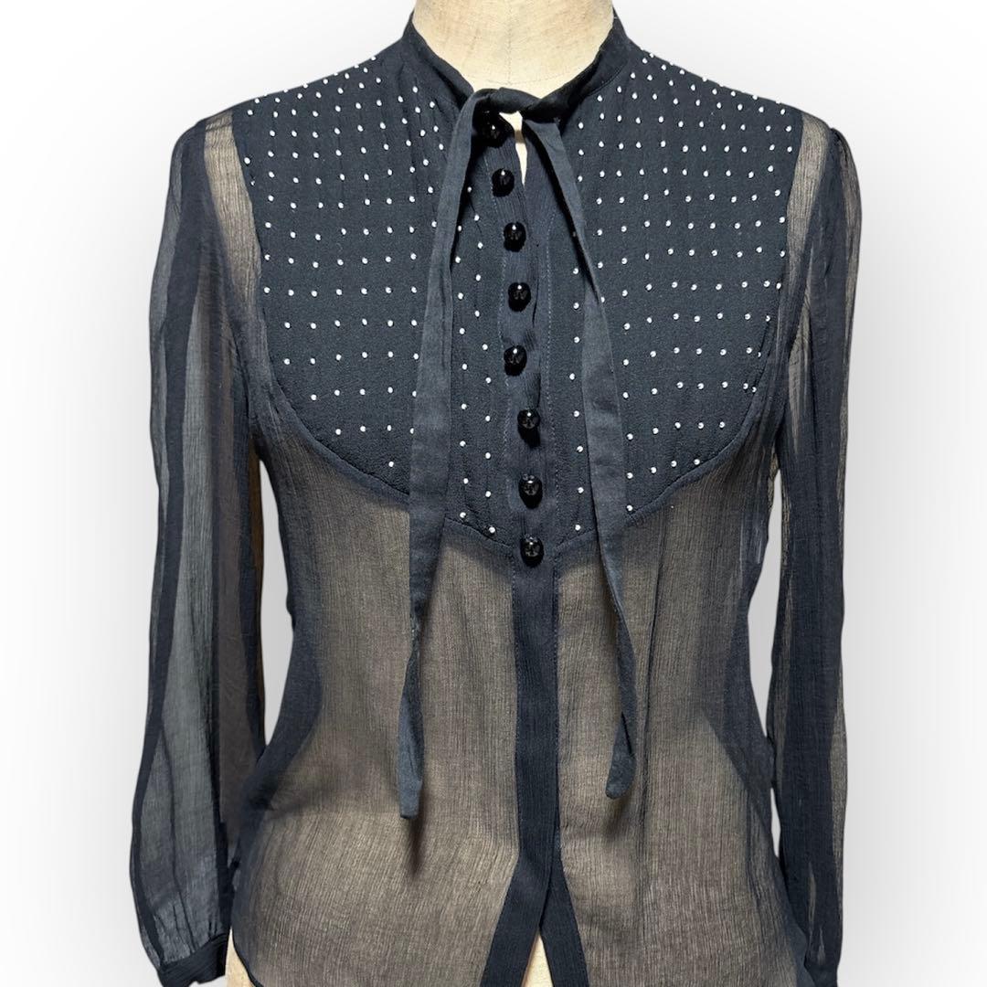 Chloe シルク100% シアー ブラウス　ビーズドット リボン　ボウタイ　黒