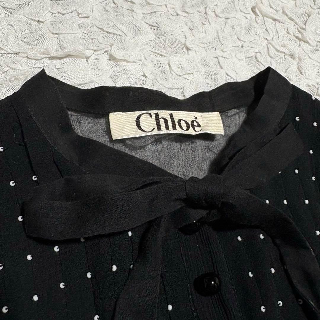 Chloe シルク100% シアー ブラウス　ビーズドット リボン　ボウタイ　黒