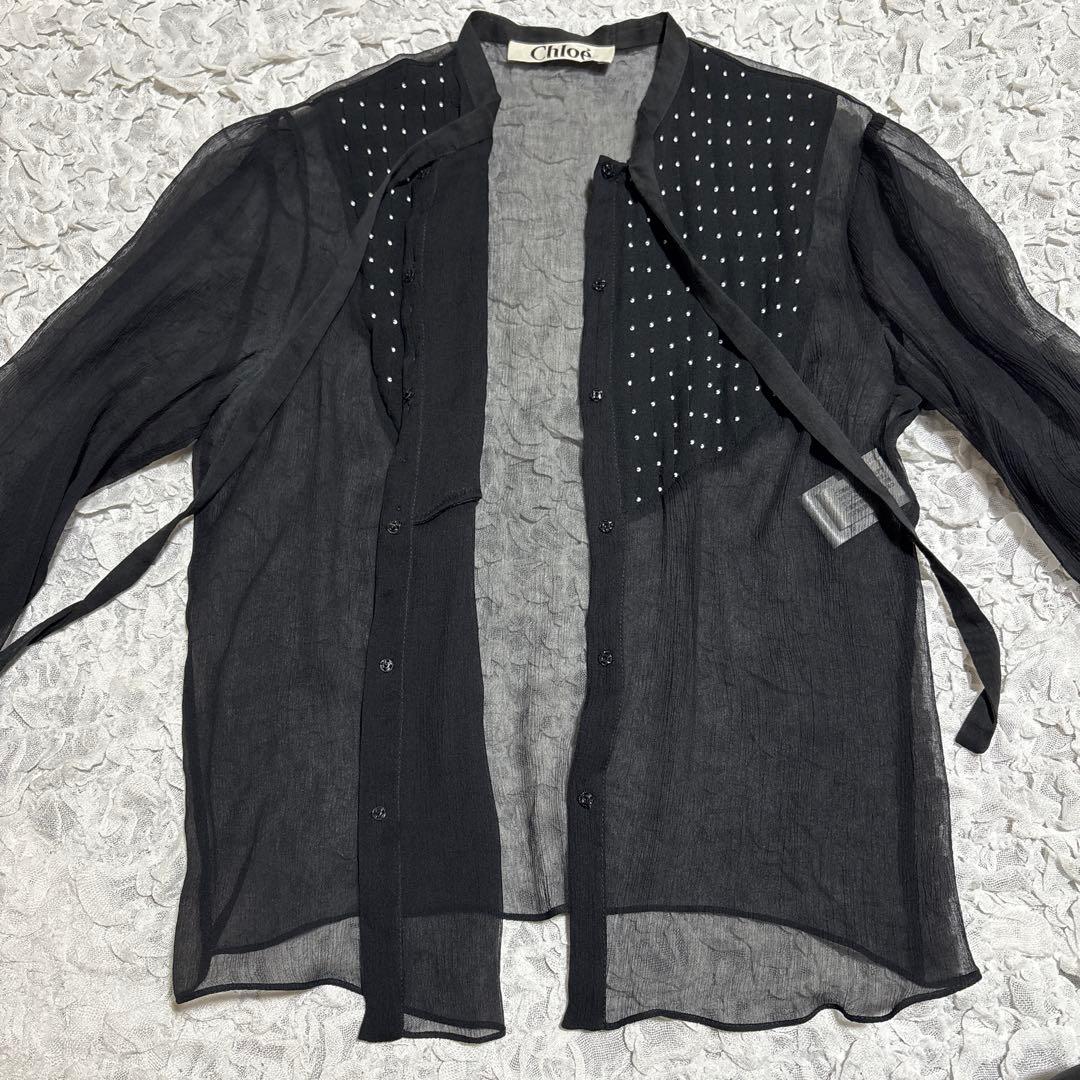 Chloe シルク100% シアー ブラウス　ビーズドット リボン　ボウタイ　黒