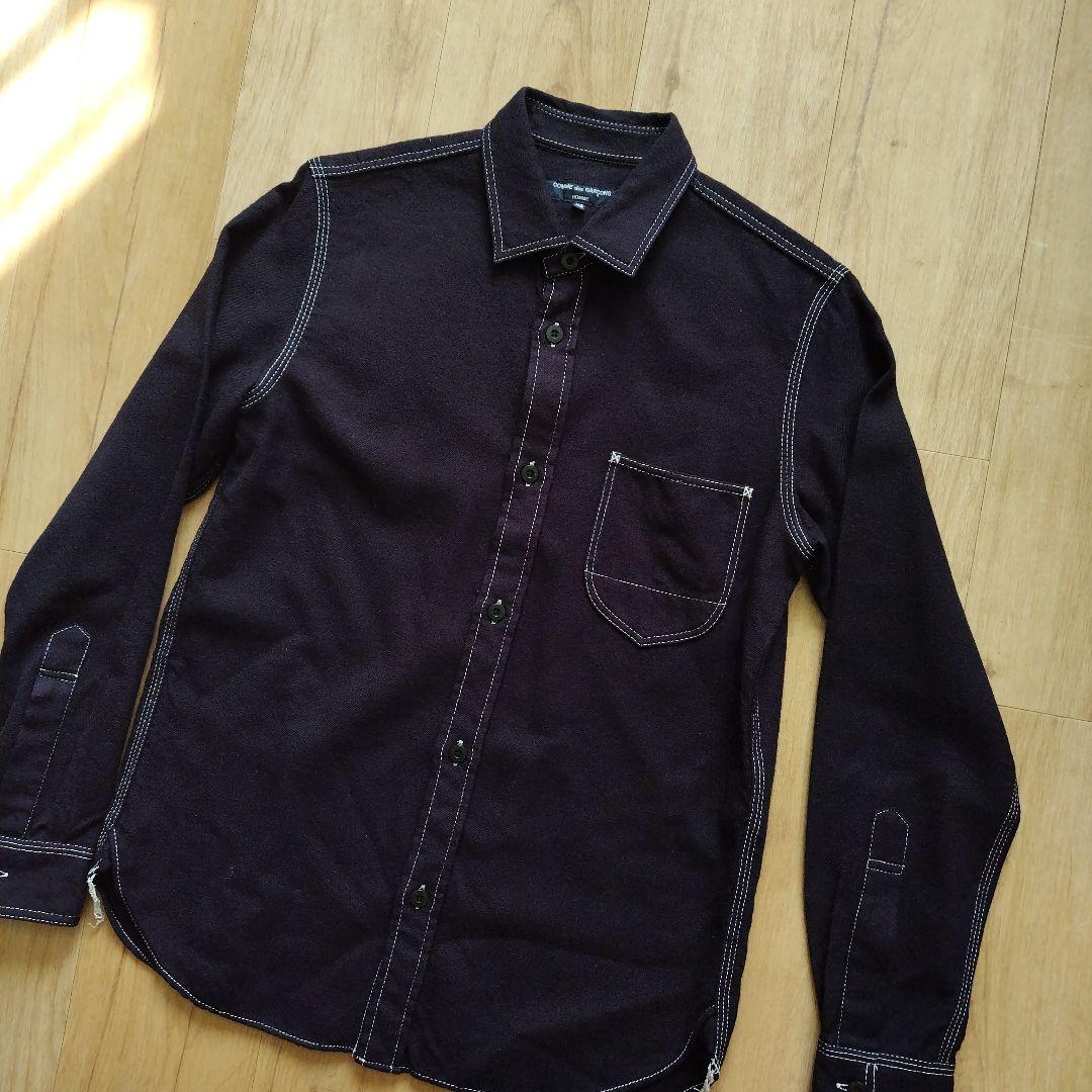 美品 13AW ギャルソン オム ホワイトステッチ ウールシャツ マチ付