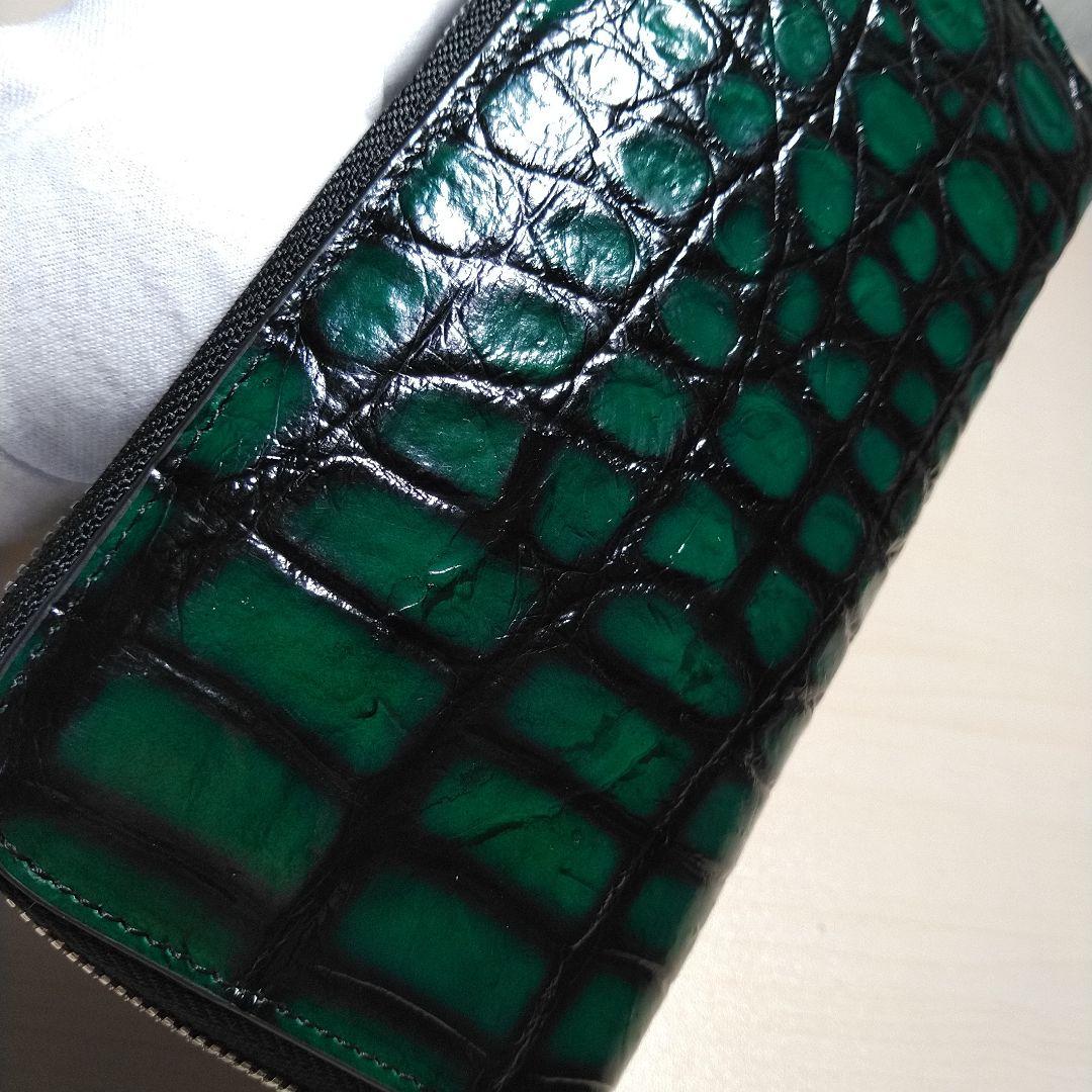 クロコダイル 脇肚一枚革R.F.長財布 孔雀緑&利休茶 メジ染 055502J