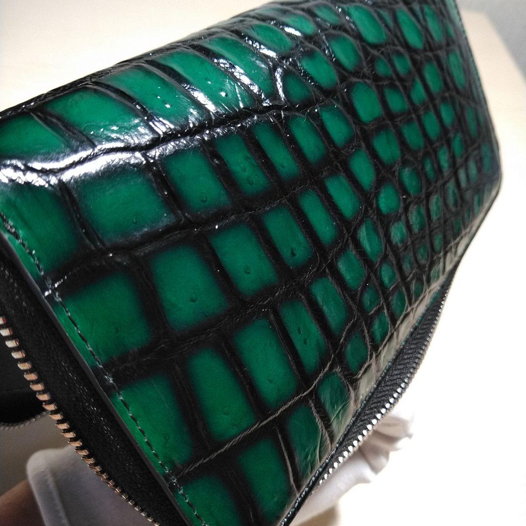 クロコダイル 脇肚一枚革R.F.長財布 孔雀緑&利休茶 メジ染 055502J