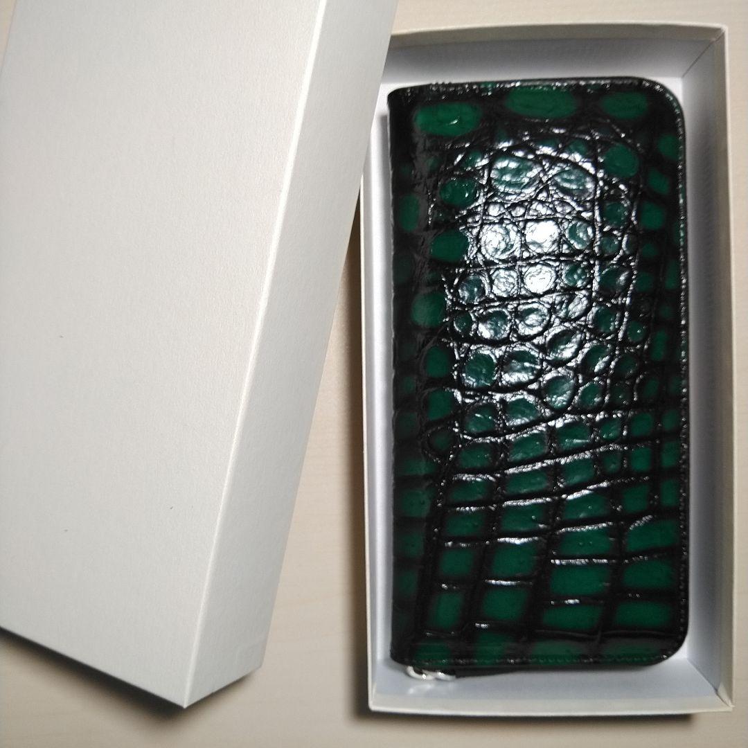 クロコダイル 脇肚一枚革R.F.長財布 孔雀緑&利休茶 メジ染 055502J