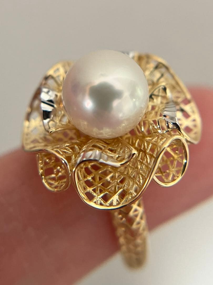 新品K18YGアコヤパール8mmフラワーリング指輪