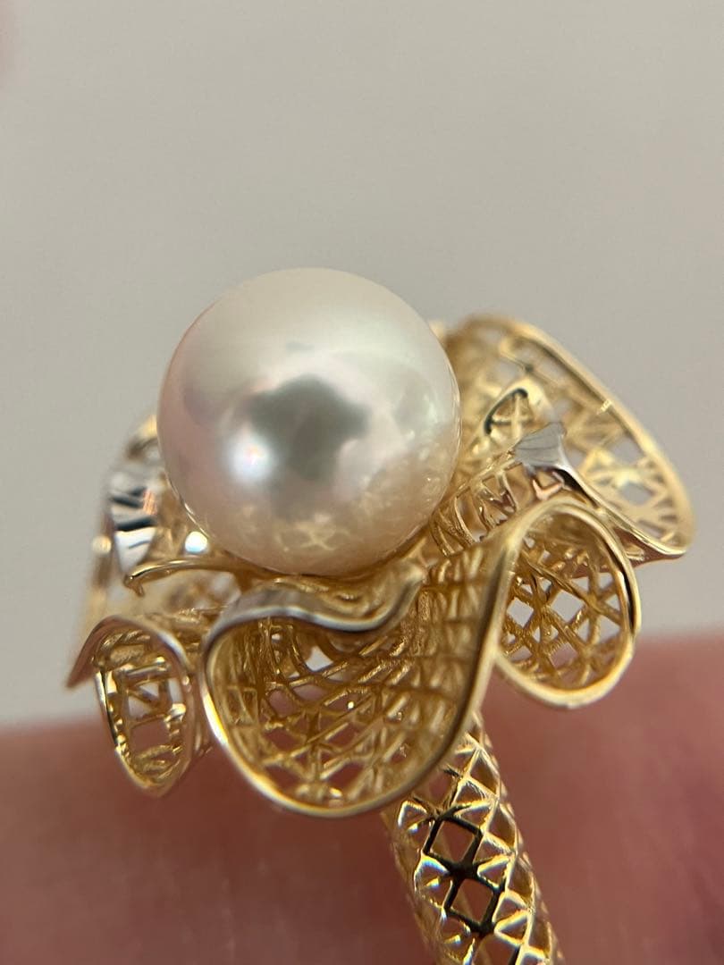 新品K18YGアコヤパール8mmフラワーリング指輪