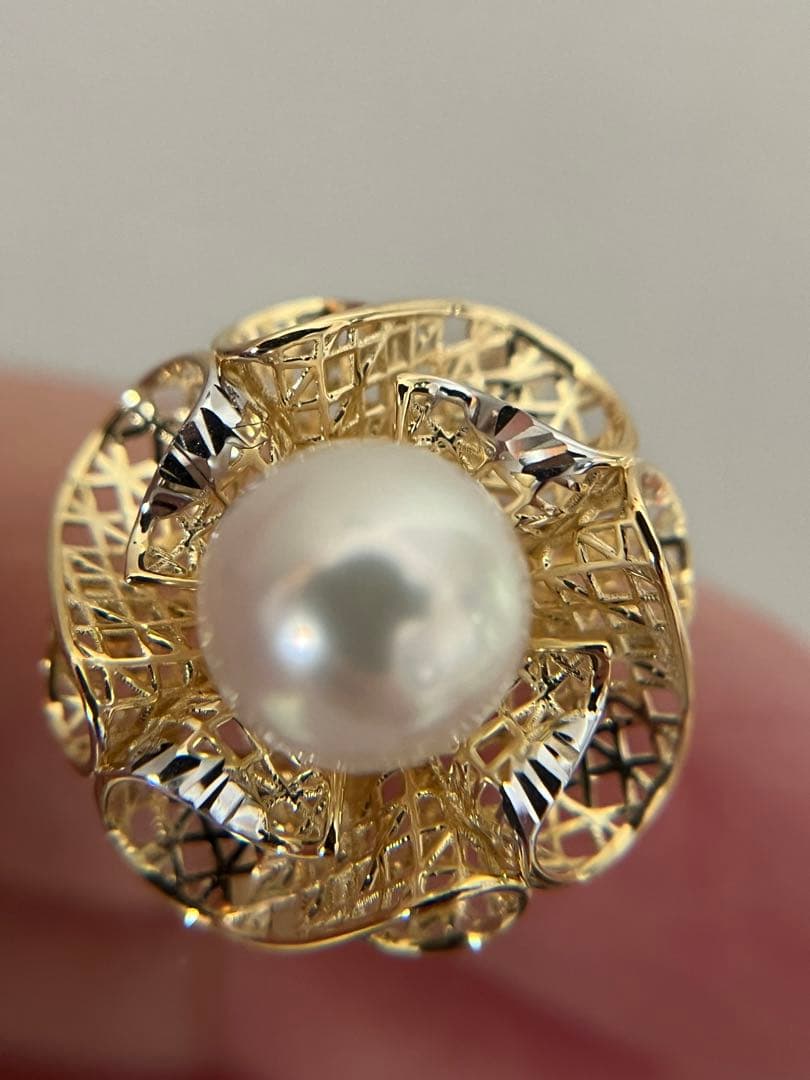 新品K18YGアコヤパール8mmフラワーリング指輪