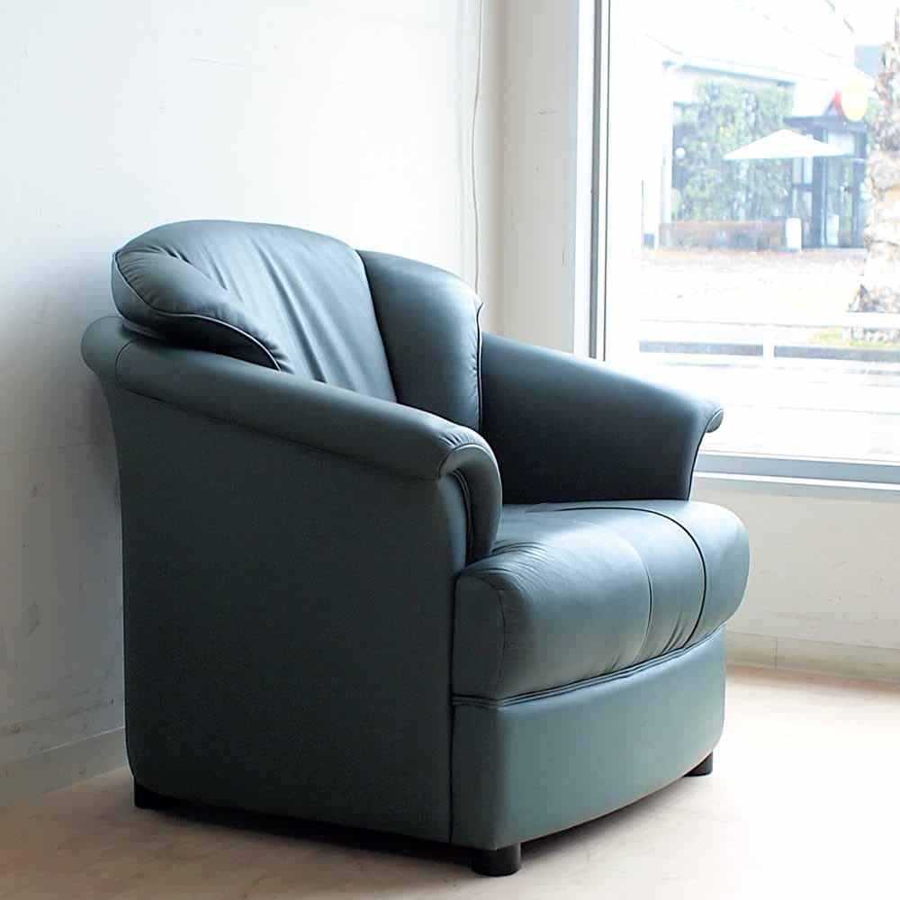 90's カリモク 本革 1人掛けソファ A 応接 ZR24324