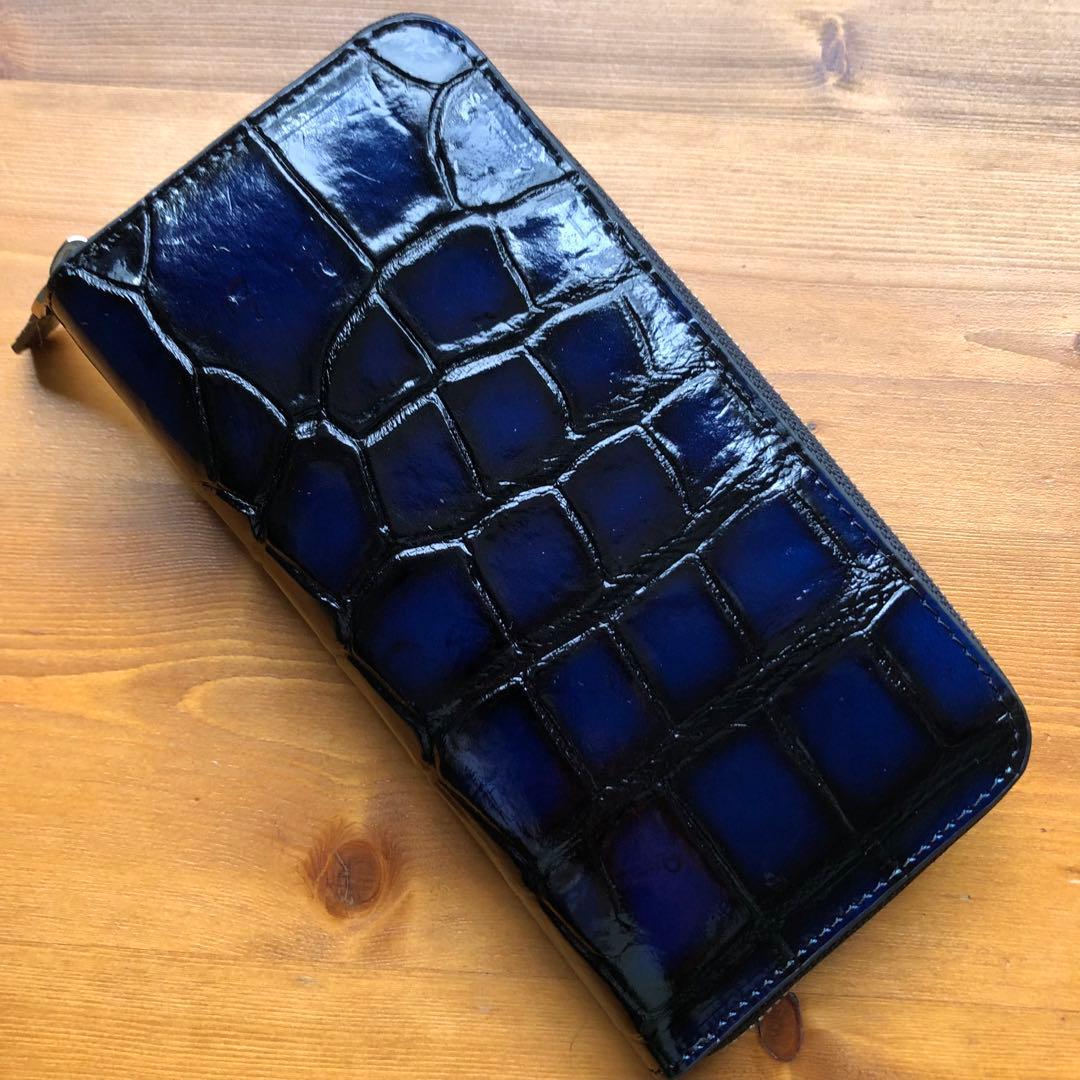 ア*オ様 本物　クロコダイル　シャムワニ　 長財布 ワニ革 一枚革　青ブルー