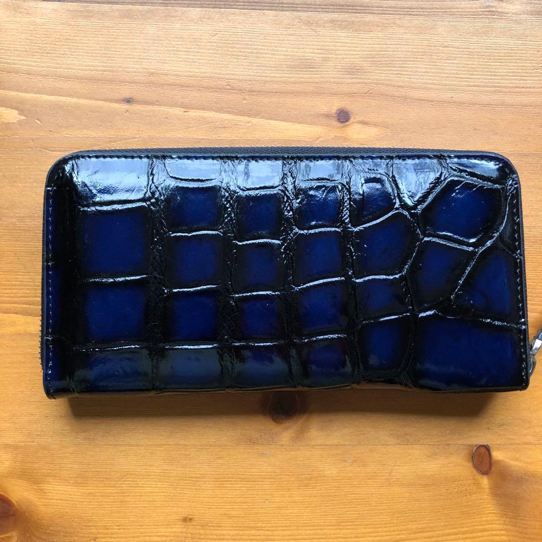 ア*オ様 本物　クロコダイル　シャムワニ　 長財布 ワニ革 一枚革　青ブルー