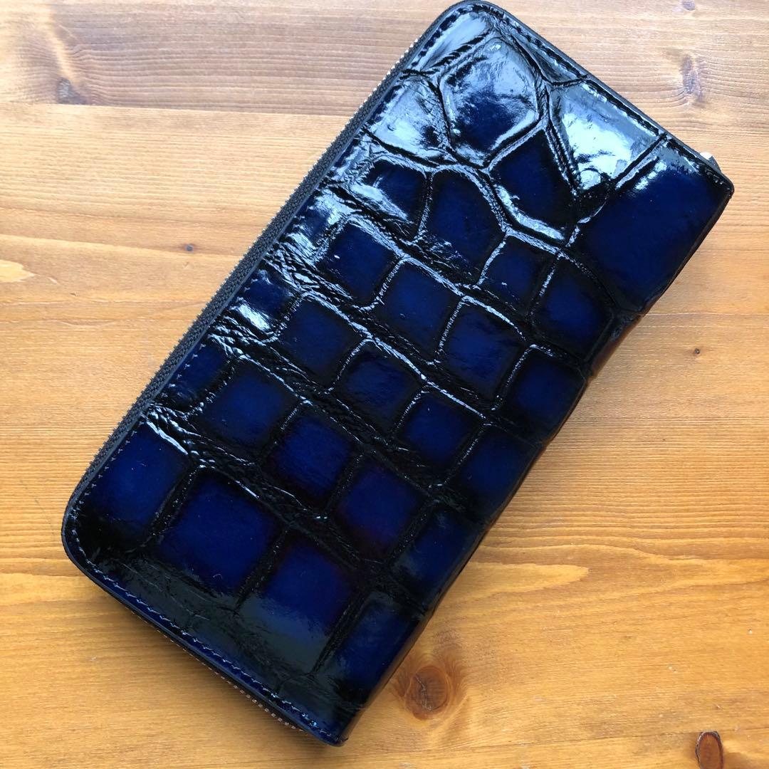 ア*オ様 本物　クロコダイル　シャムワニ　 長財布 ワニ革 一枚革　青ブルー