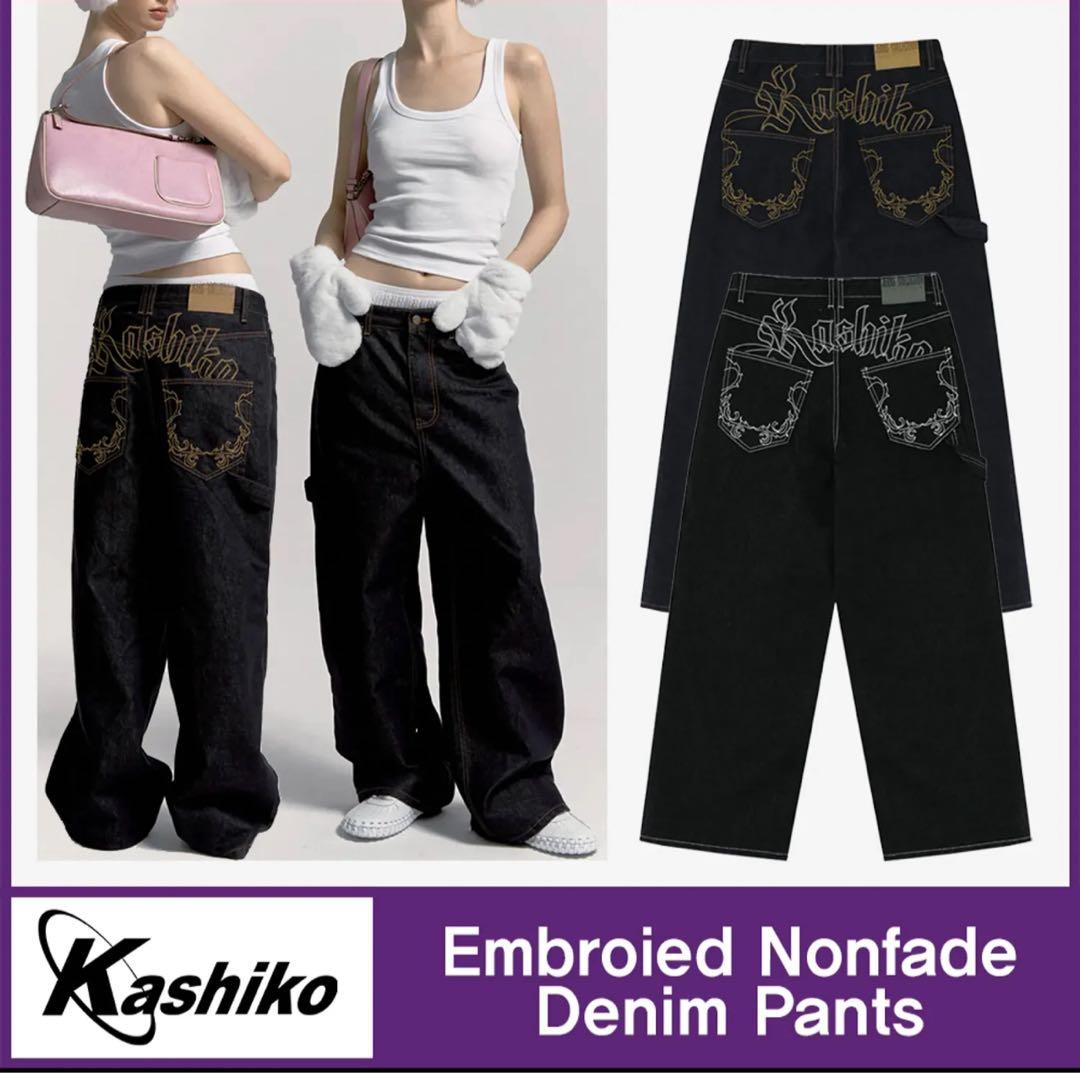 Kashiko ブラックデニム ワイドレッグパンツ