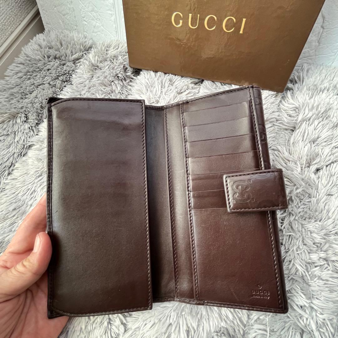 良品✨GUCCI シマ　長財布　ダークブラウン　ロゴプレート　Wホック