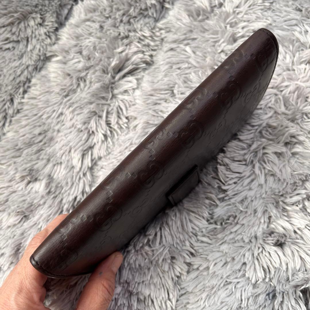 良品✨GUCCI シマ　長財布　ダークブラウン　ロゴプレート　Wホック