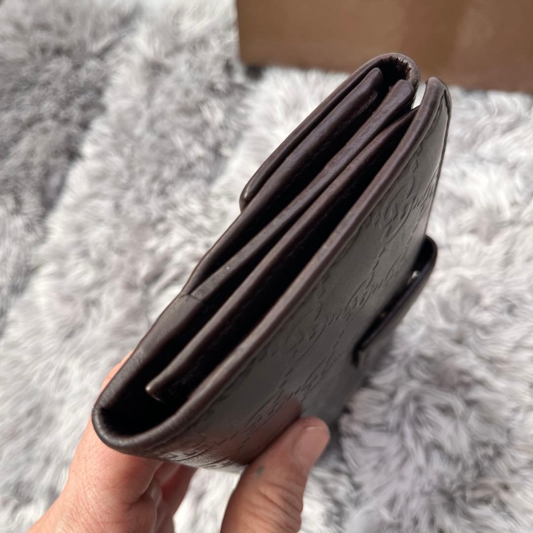 良品✨GUCCI シマ　長財布　ダークブラウン　ロゴプレート　Wホック
