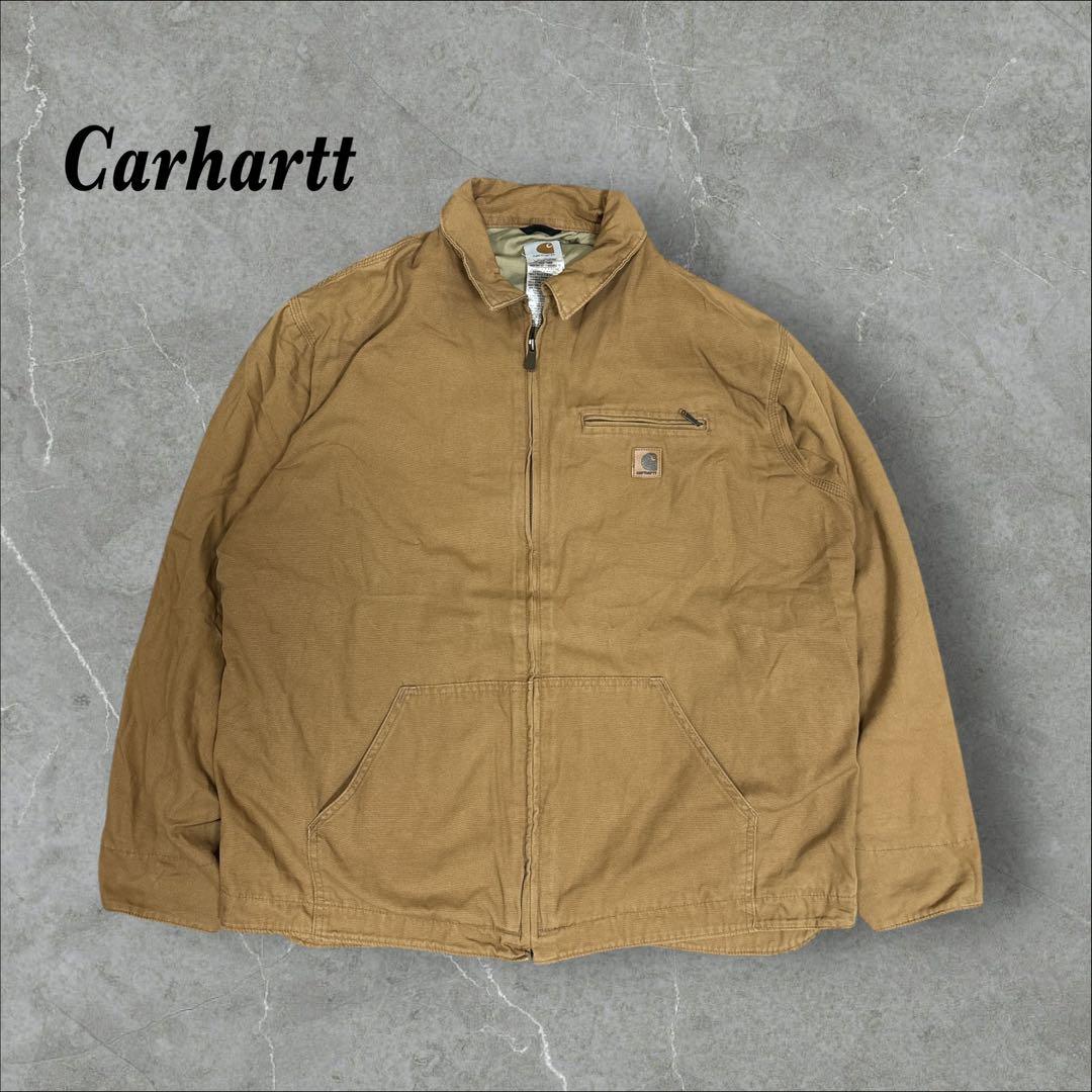 16]メキシコ製カーハート レザーロゴフルジップ ダック地ジャケットブルゾン古着