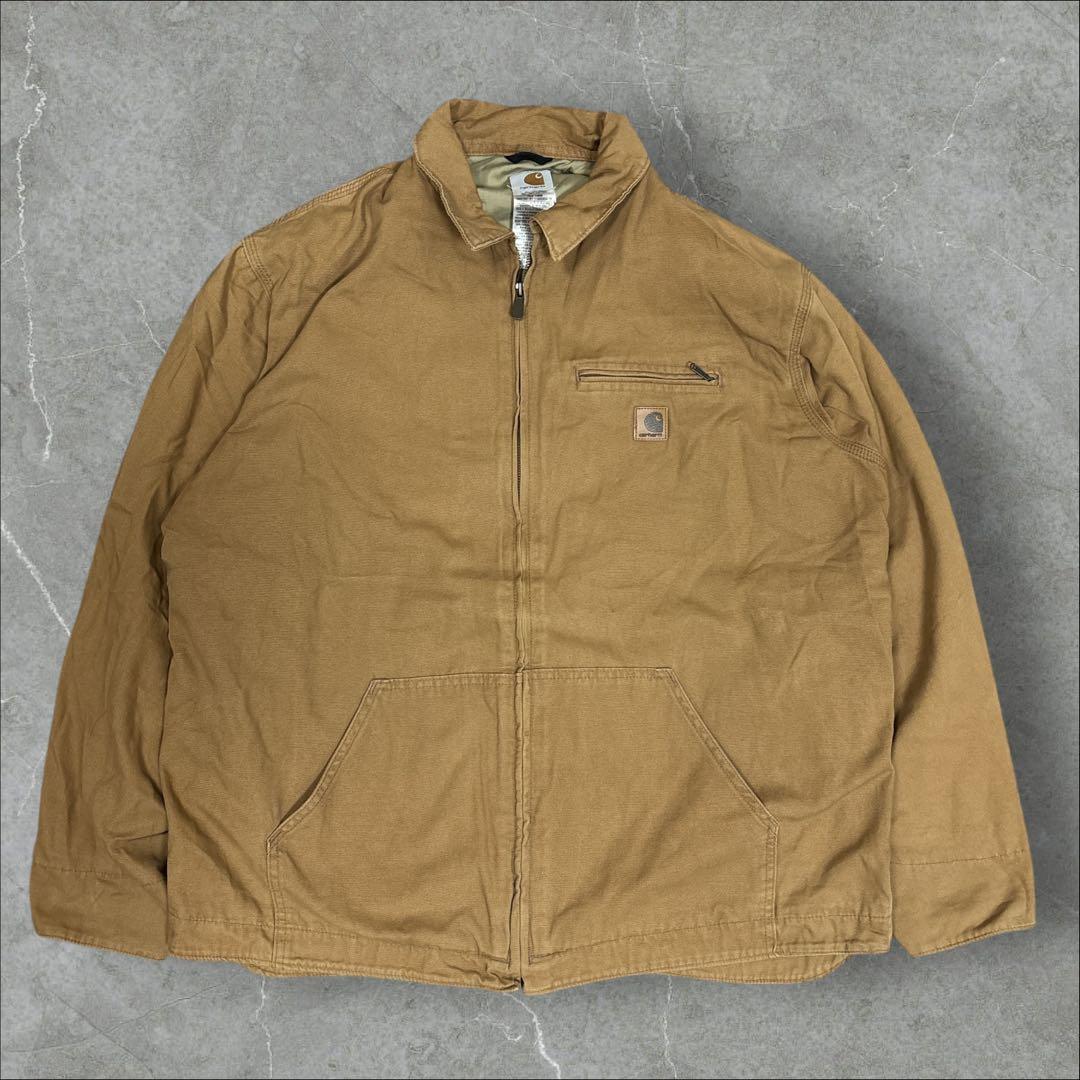 16]メキシコ製カーハート レザーロゴフルジップ ダック地ジャケットブルゾン古着