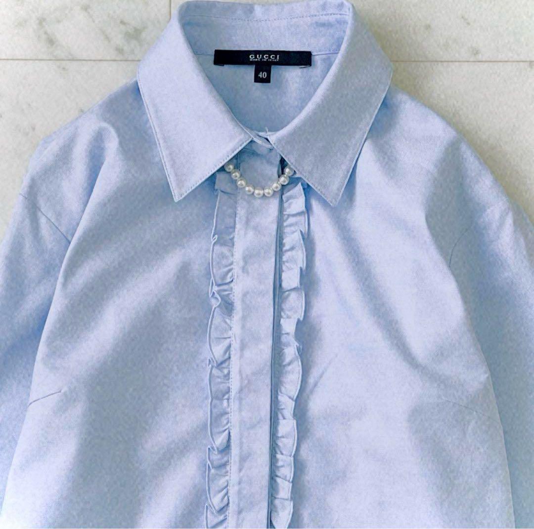 極美品 グッチ GUCCI フロントフリル 比翼仕立て コットンブラウス 長袖