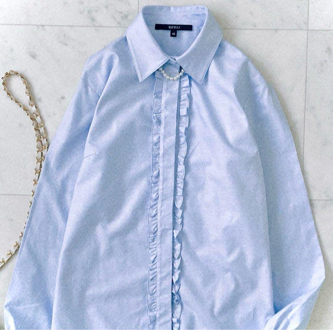 極美品 グッチ GUCCI フロントフリル 比翼仕立て コットンブラウス 長袖