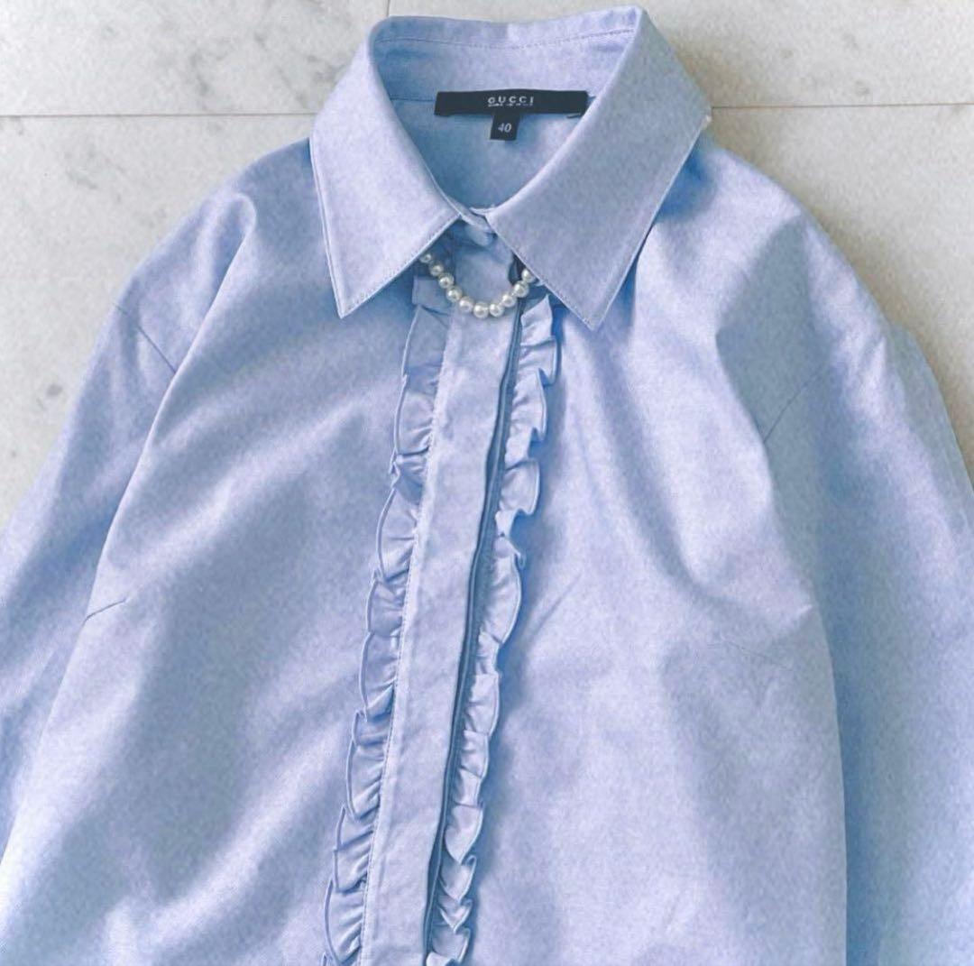 極美品 グッチ GUCCI フロントフリル 比翼仕立て コットンブラウス 長袖