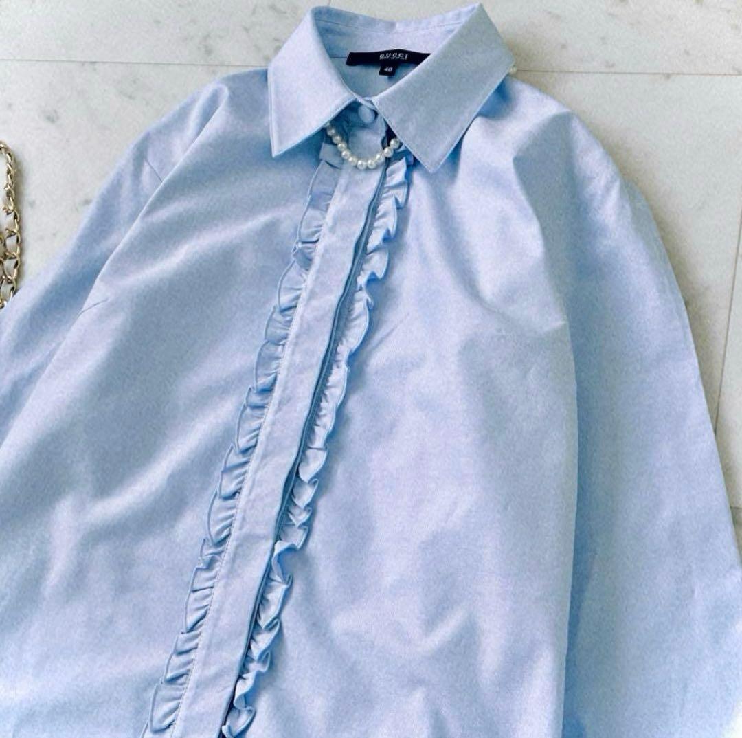 極美品 グッチ GUCCI フロントフリル 比翼仕立て コットンブラウス 長袖