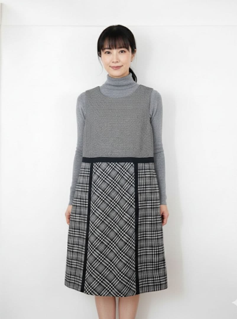 美品(13+) Leilian モノトーンチェックジャンパースカートワンピース