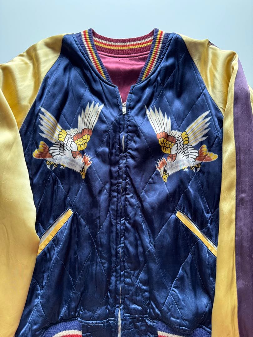 ヴィンテージ・ビンテージ品★ ウエアハウス刺繍スカジャンゴールド ワインレッド