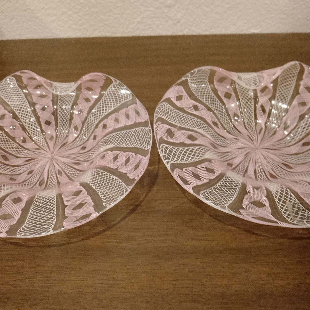 ベネチアンガラス　ムラノ　MURANO　変形皿　2枚　ピンク　レース　インテリア