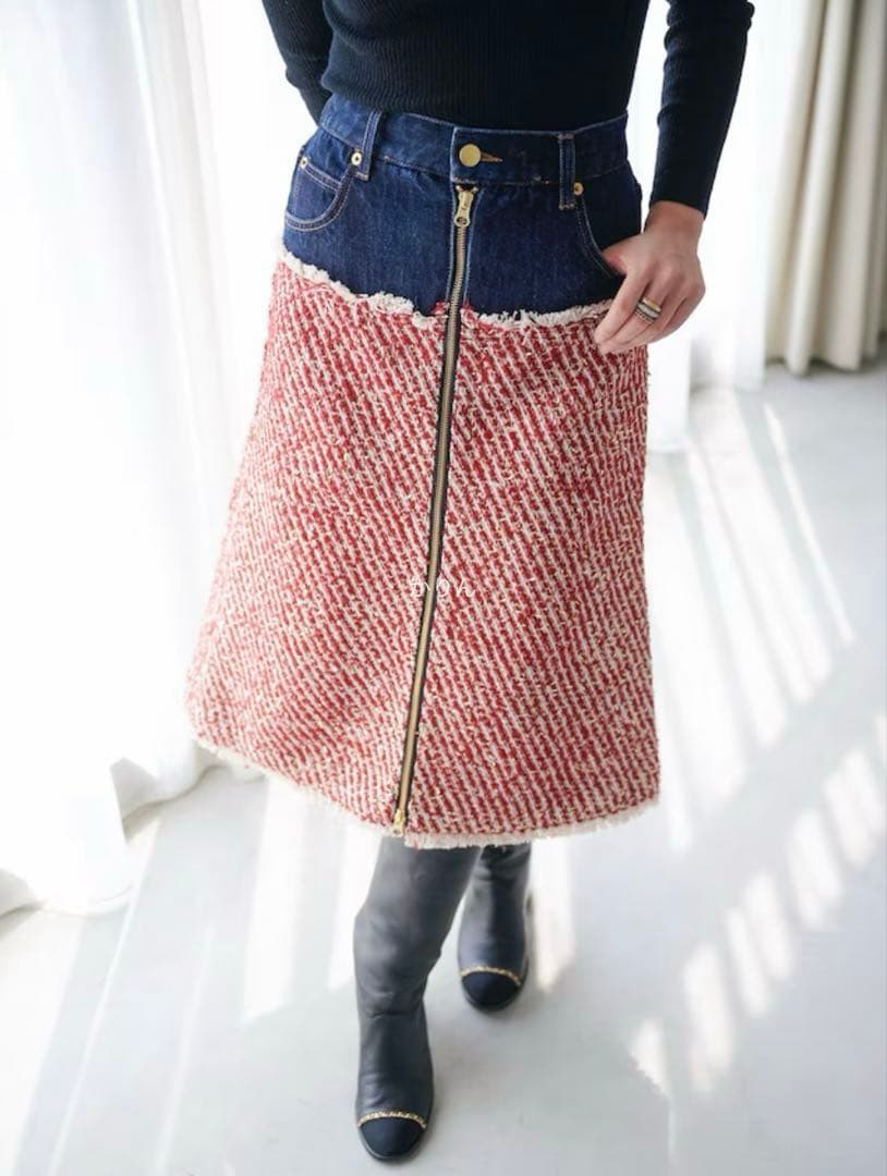 最終価格 新品 オブリobli デニムツイードドッキングスカート定価39,050