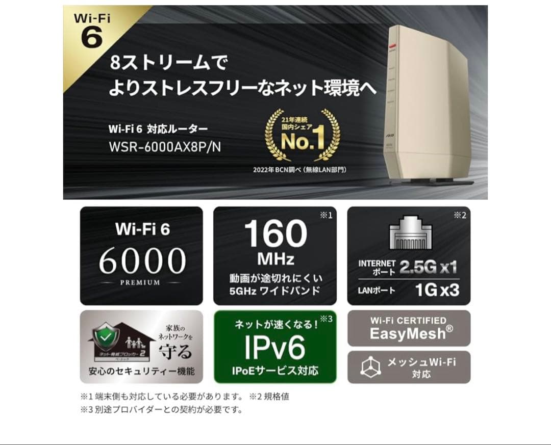 新品⭐︎WSR-6000AX8P WiFi 無線buffalo シャンパンゴールド